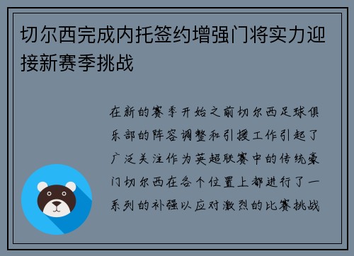 切尔西完成内托签约增强门将实力迎接新赛季挑战