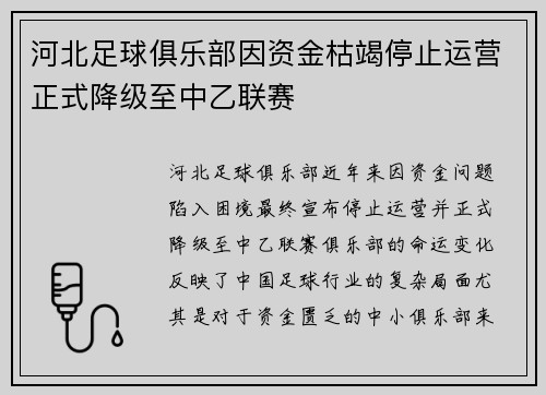 河北足球俱乐部因资金枯竭停止运营正式降级至中乙联赛 河北足球俱乐部因资金枯竭停止运营正式降级至中乙联赛
