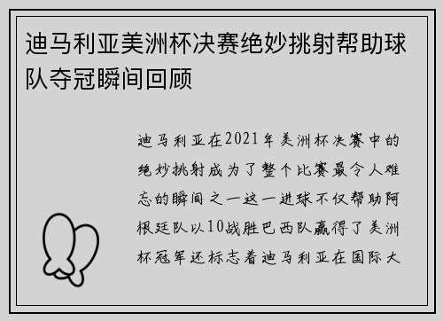 迪马利亚美洲杯决赛绝妙挑射帮助球队夺冠瞬间回顾